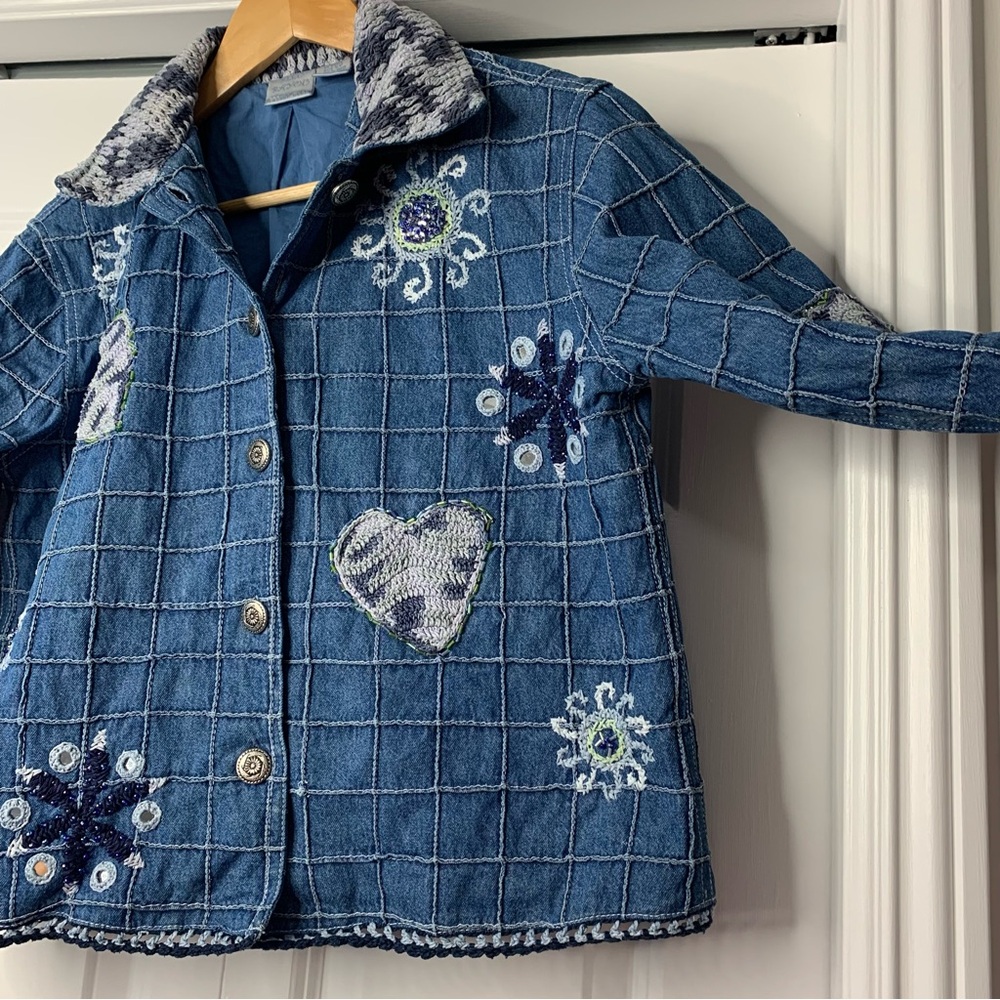 Blue Bayou Patchwork Embroidered Crochet Beaded Boho Denm jacket Women Size US S - Picture 2 of 16